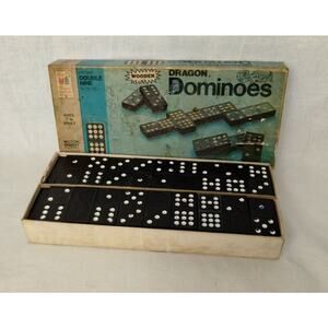 1970 Black Wooden DRAGON Double Nine Dominoes - 55 Pieces - Milton Bradley